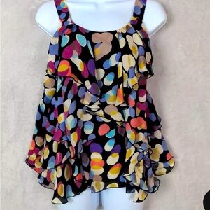 Anthropology Odille 100% Silk Tank Blouse Black Colorful Tiered Ruffles (size 6)